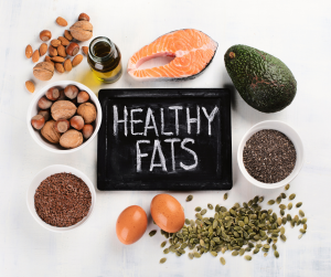 Healthy fats food items, avocado, salmon, nuts and seeds