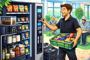 Vending machine being restocked by a man